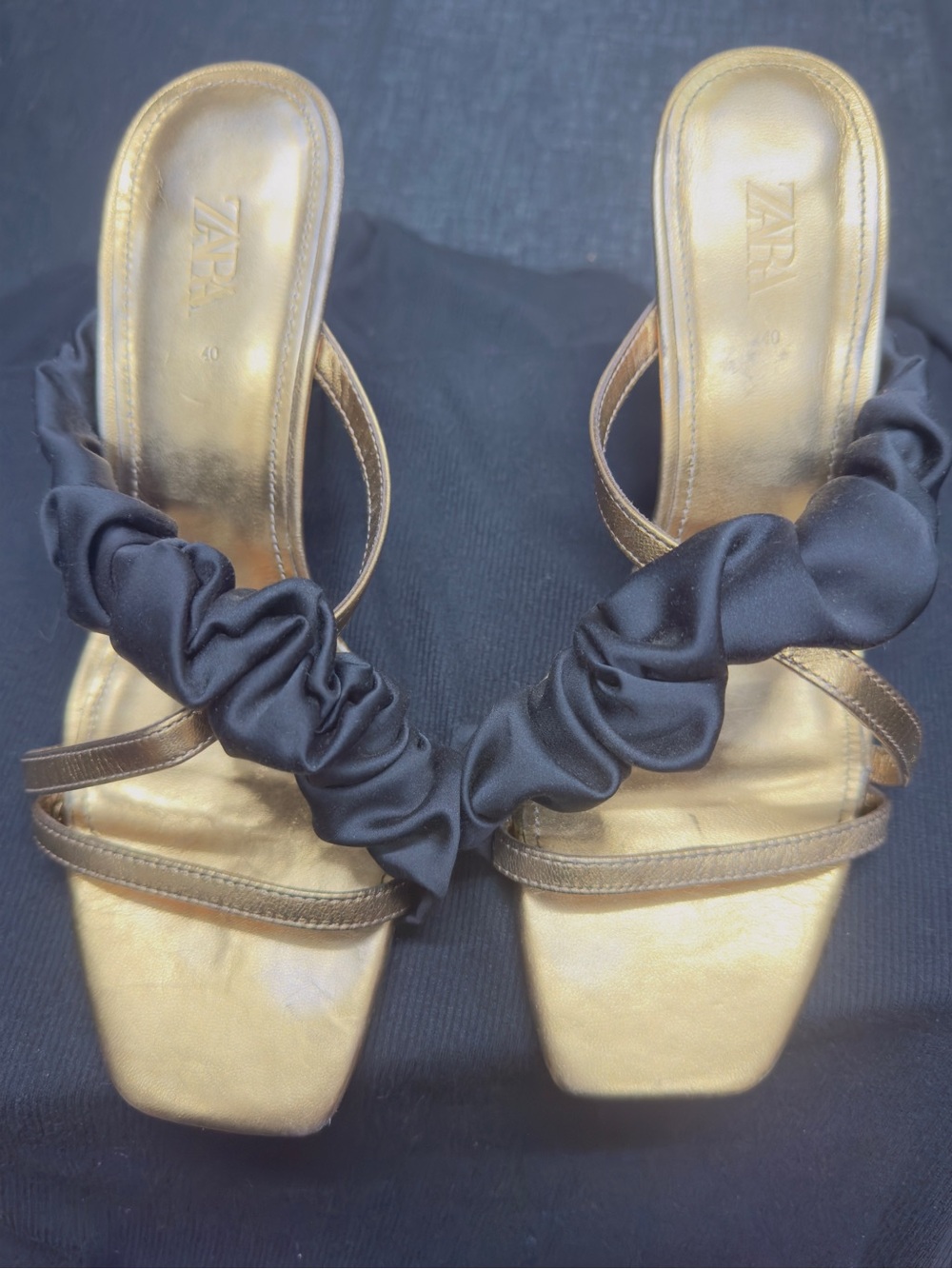Zara Gold Metallic Slip-On Sandals with Black Scrunch Strap